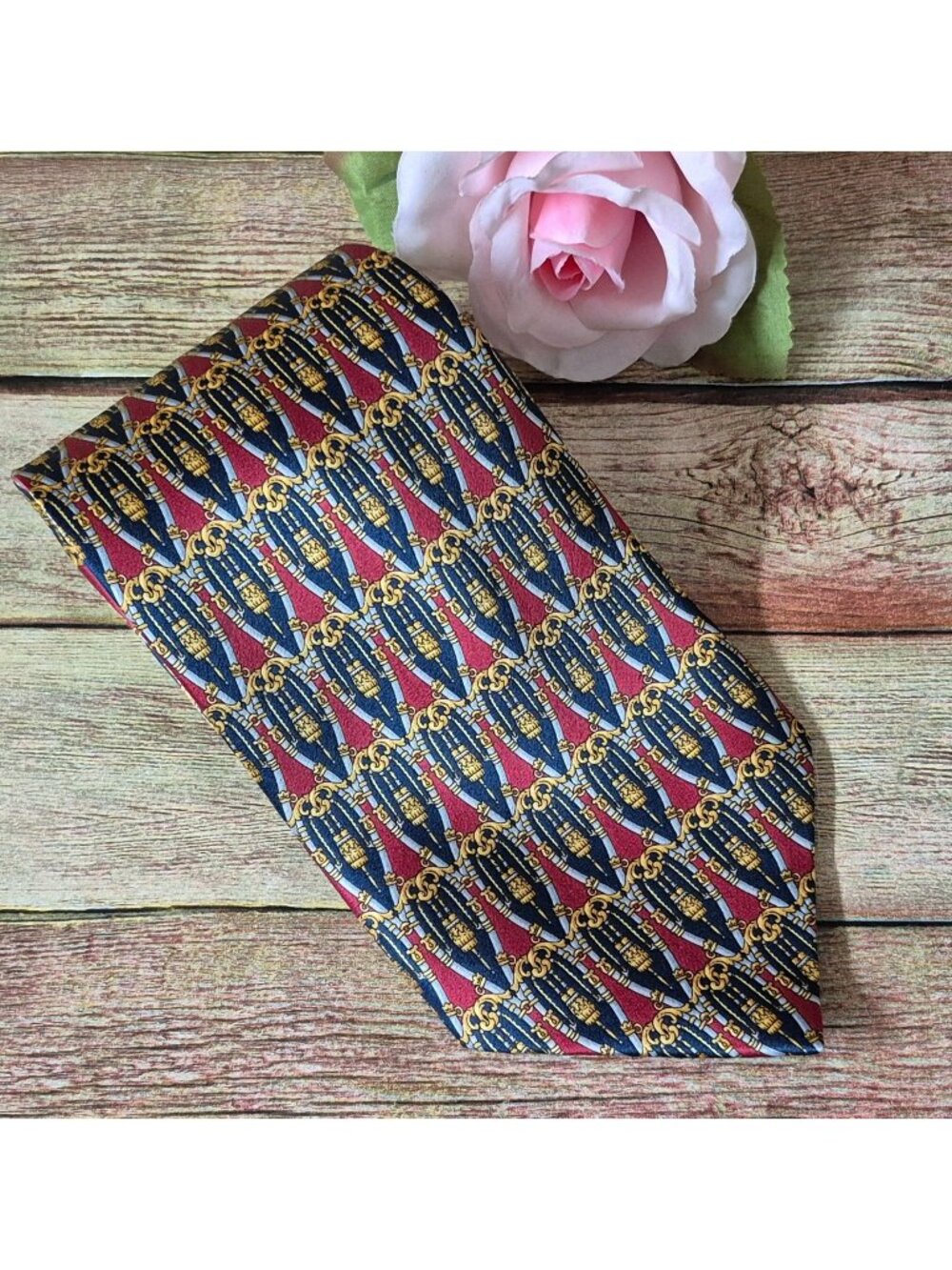 Vintage Richel Royal Silk Tie Handmade in Spain 3.75" Classic 90s Red Blue Gold